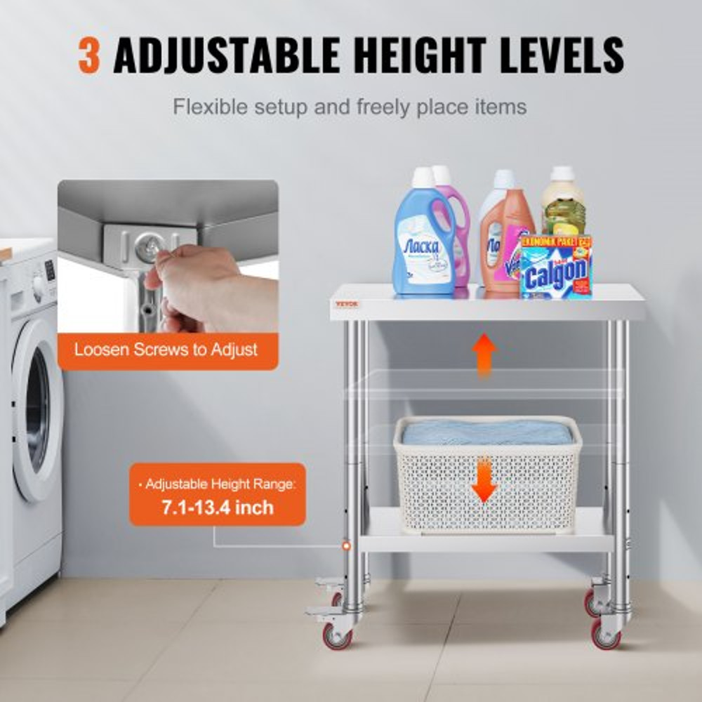 Heavy Duty Stainless Steel Work Table With Adjustable Shelf  Wheels Commercial Kitchen Prep Worktab 5