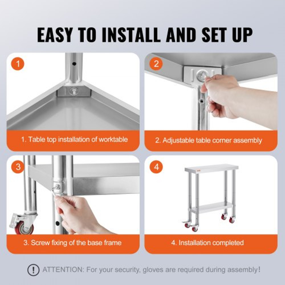 Heavy Duty Stainless Steel Work Table With Adjustable Shelf  Wheels Commercial Kitchen Prep Worktab 6