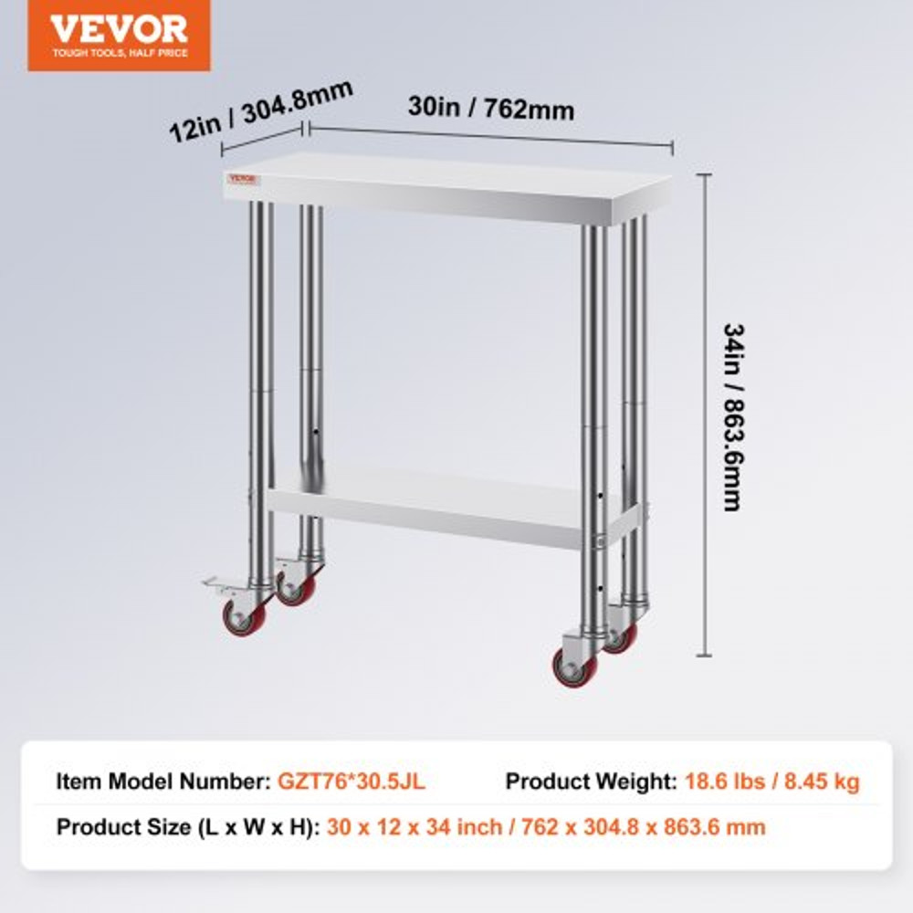 Heavy Duty Stainless Steel Work Table With Adjustable Shelf  Wheels Commercial Kitchen Prep Worktab 7