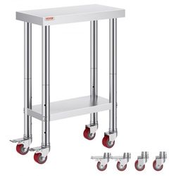 stainless steel work table with wheels, heavy duty prep table with casters for commercial kitchen, restaurant