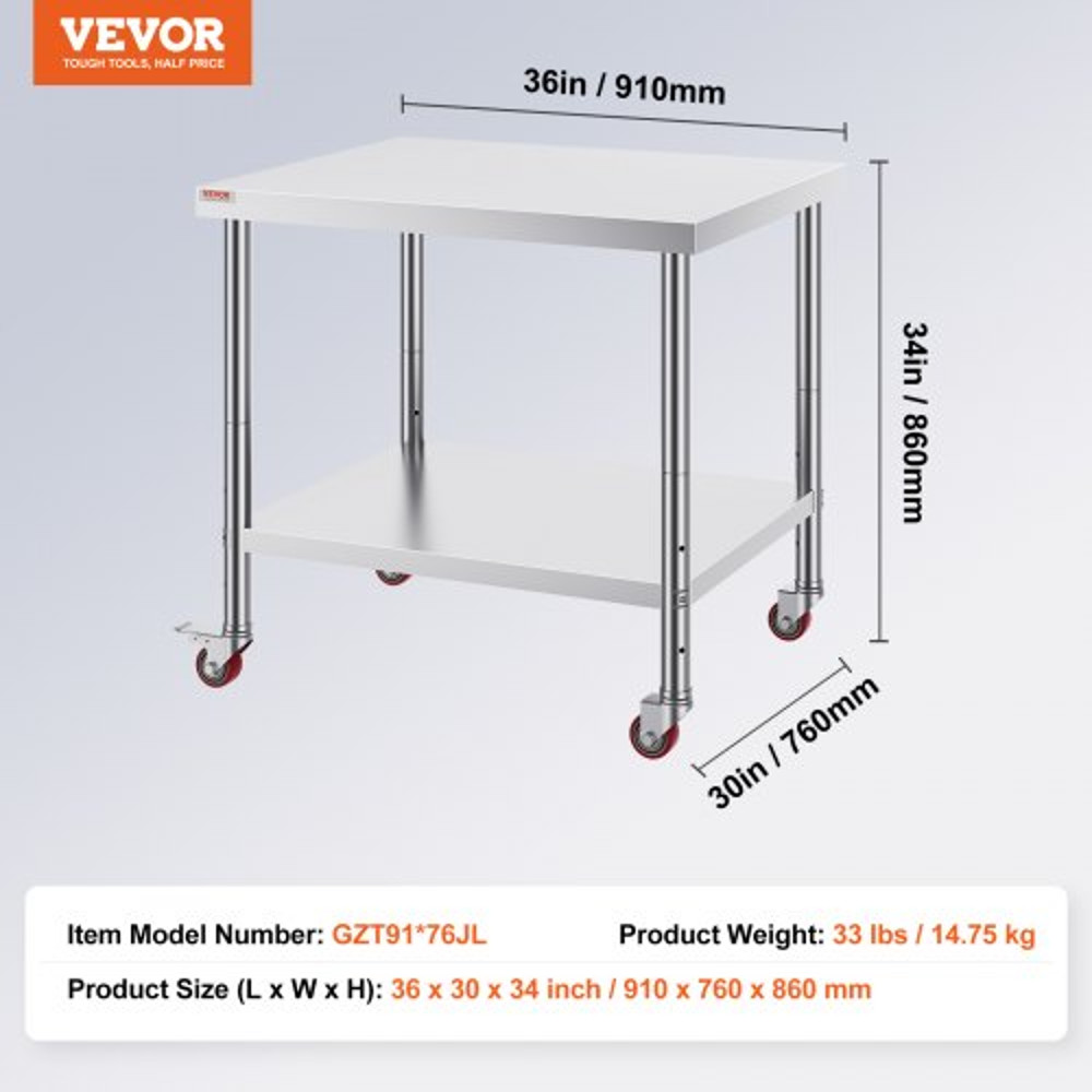 Stainless Steel Work Table Heavy Duty Commercial Food Prep Worktable With Adjustable Shelf Lockabl 7