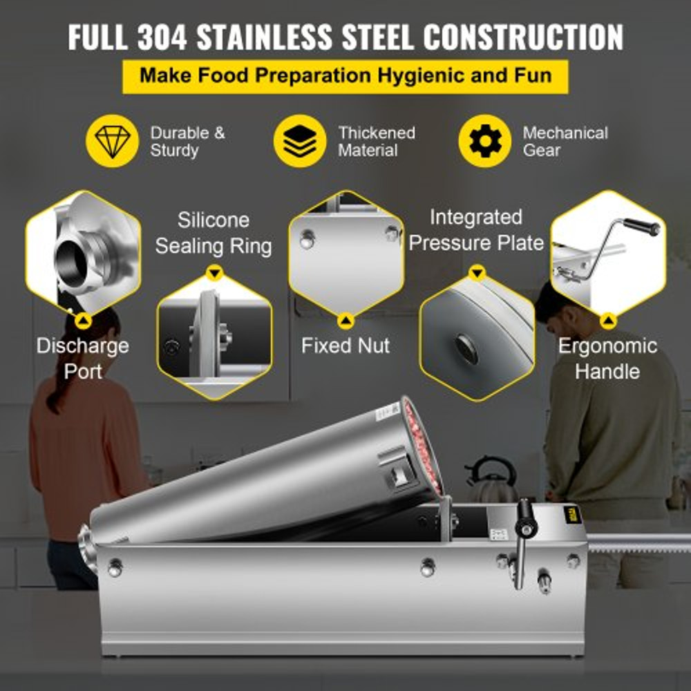 7L Stainless Steel Manual Sausage Stuffer Horizontal Sausage Maker With 5 Filling Nozzles For Home  3