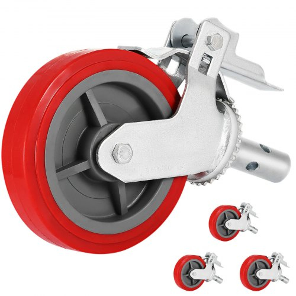 HeavyDuty Locking Stem Casters With Brake 8 Red Polyurethane Wheels Set Of 4 For Scaffold Shelves   1