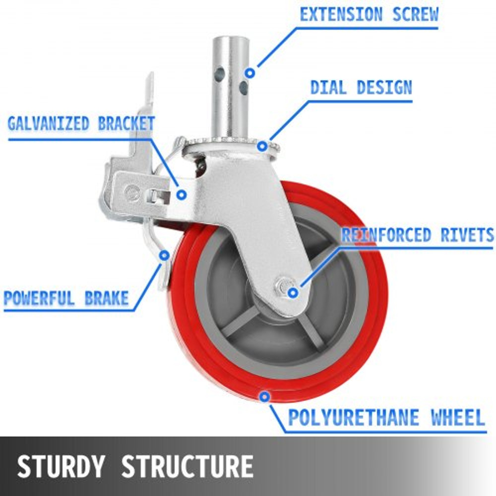 HeavyDuty Locking Stem Casters With Brake 8 Red Polyurethane Wheels Set Of 4 For Scaffold Shelves   2