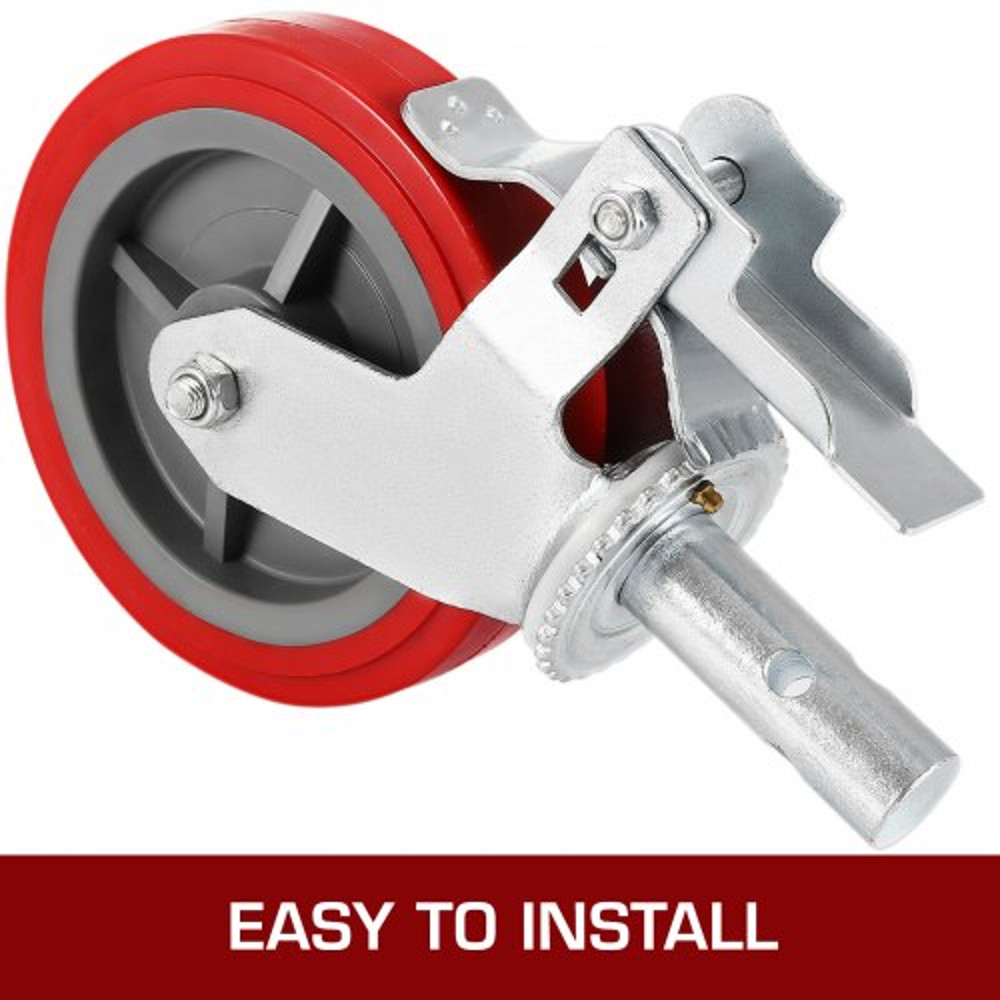 HeavyDuty Locking Stem Casters With Brake 8 Red Polyurethane Wheels Set Of 4 For Scaffold Shelves   6