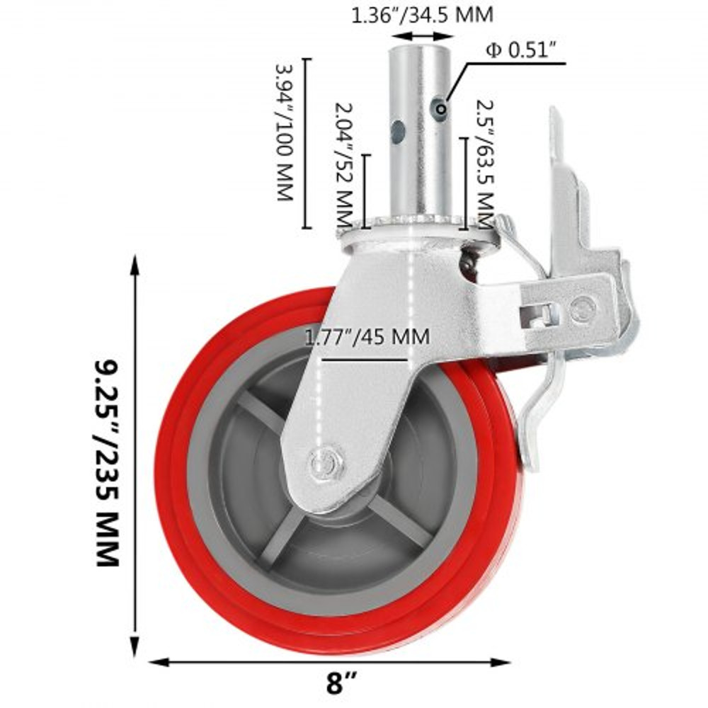 HeavyDuty Locking Stem Casters With Brake 8 Red Polyurethane Wheels Set Of 4 For Scaffold Shelves   8
