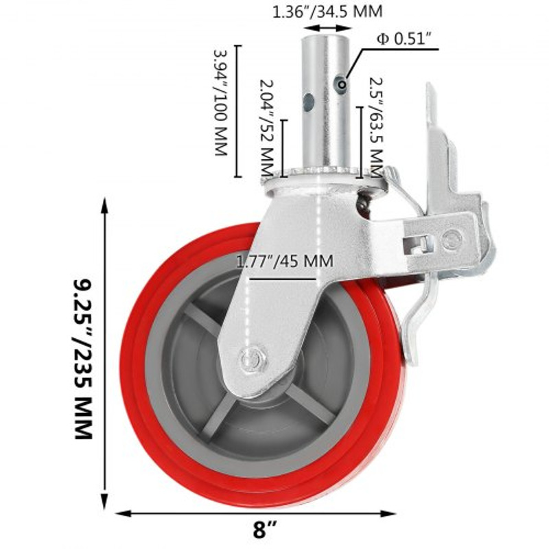 HeavyDuty Locking Stem Casters With Brake 8 Red Polyurethane Wheels Set Of 4 For Scaffold Shelves   8