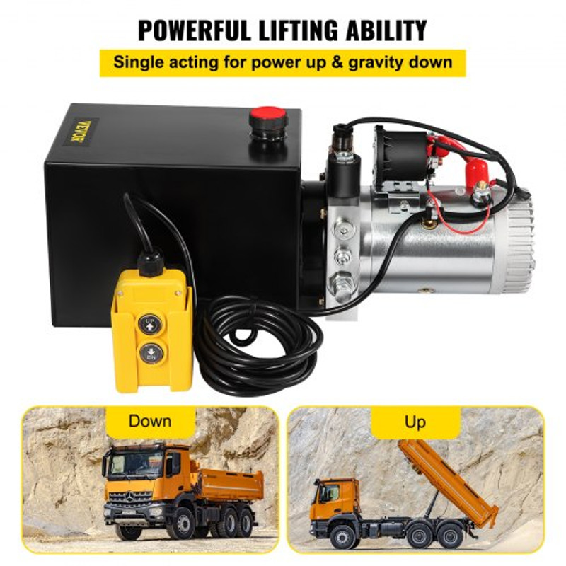 Hydraulic Power Unit Quart DC Single Acting, PSI Max Dump Trailer Pump for Car Lifting, Heavy Duty Steel Reservoir