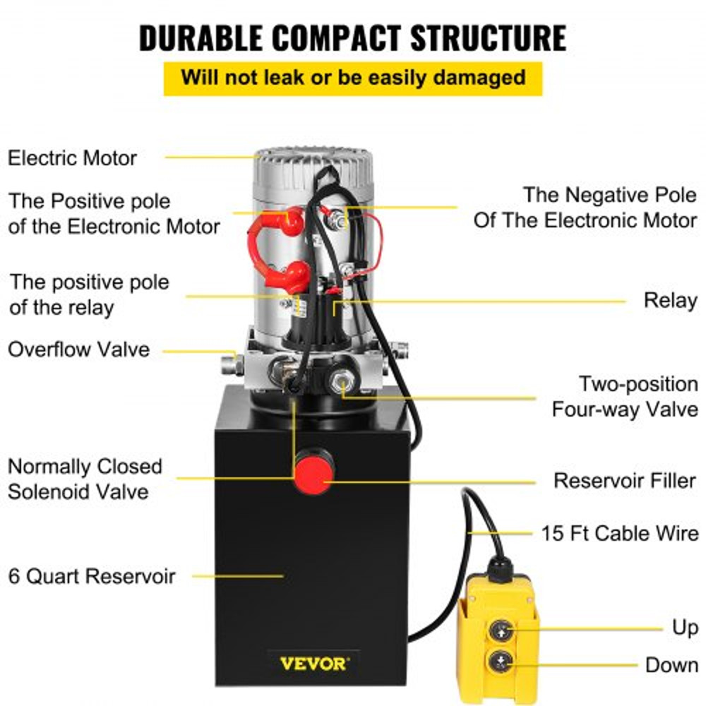 Hydraulic Power Unit Quart DC Single Acting, PSI Max Dump Trailer Pump for Car Lifting, Heavy Duty Steel Reservoir
