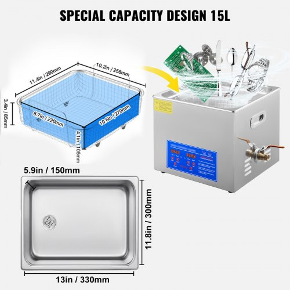 Heated Ultrasonic Cleaner 110V, 15L Stainless Steel Tank for Wrench, Screwdriver, Industrial Parts & Mental Cleaning