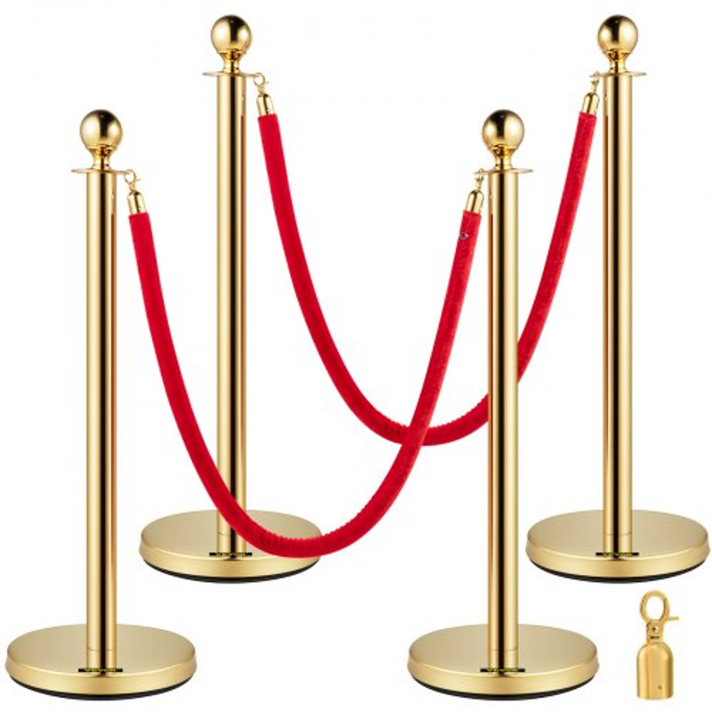 Elegant Crowd Control Barriers 4 Gold Stainless Steel Stanchion Posts With 5ft Red Velvet Ropes For 1