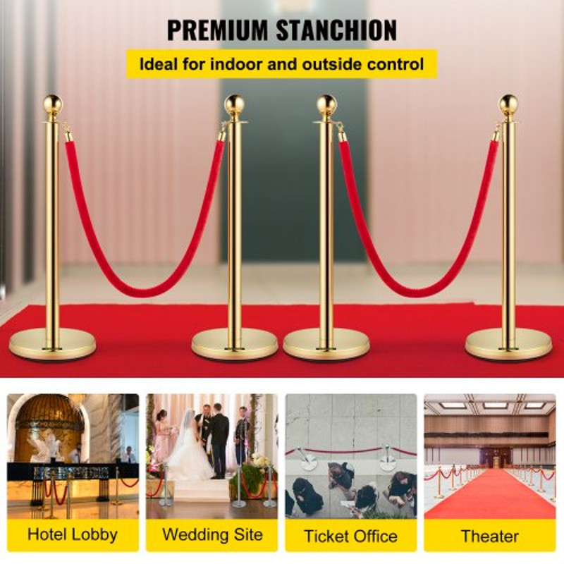 Elegant Crowd Control Barriers 4 Gold Stainless Steel Stanchion Posts With 5ft Red Velvet Ropes For 2