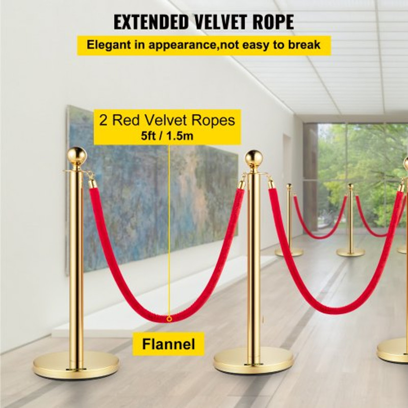 Elegant Crowd Control Barriers 4 Gold Stainless Steel Stanchion Posts With 5ft Red Velvet Ropes For 4