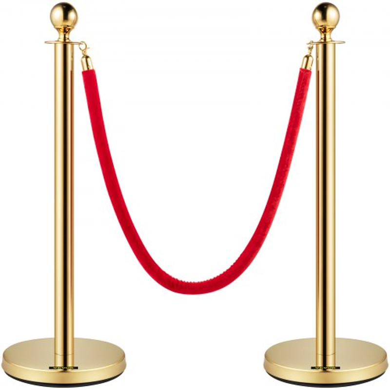 Elegant Crowd Control Barriers 4 Gold Stainless Steel Stanchion Posts With 5ft Red Velvet Ropes For 8