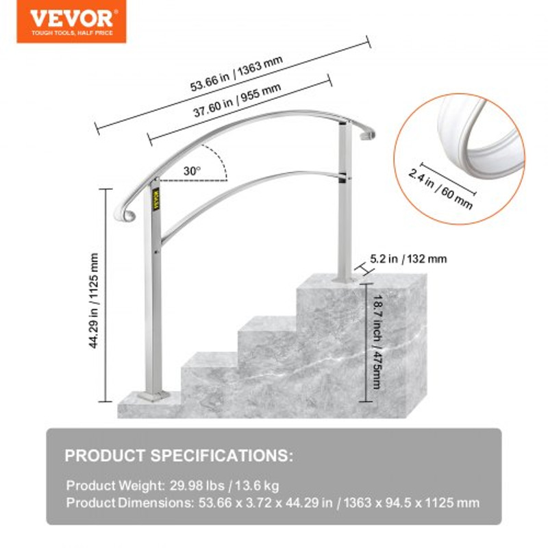 White Wrought Iron Handrail For Outdoor Steps Adjustable Front Porch Stair Railing Fit Concrete Or  7