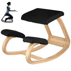 wooden ergonomic kneeling chair with memory seat cushion, posture correcting rocking knee stool for home office