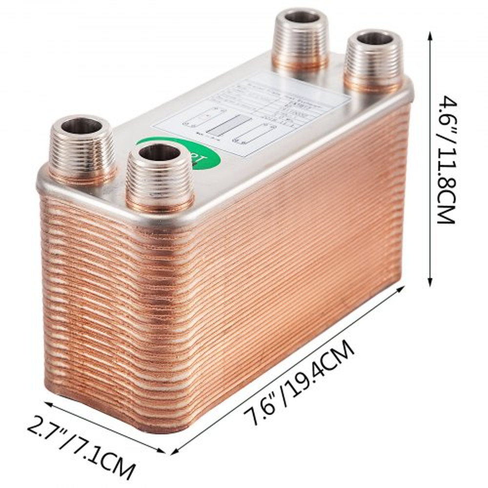 40 Plates Brazed Plate Heat Exchanger, 316L Stainless Steel, 3/4" MPT Ports, B3-12A for Beer Wort Chiller