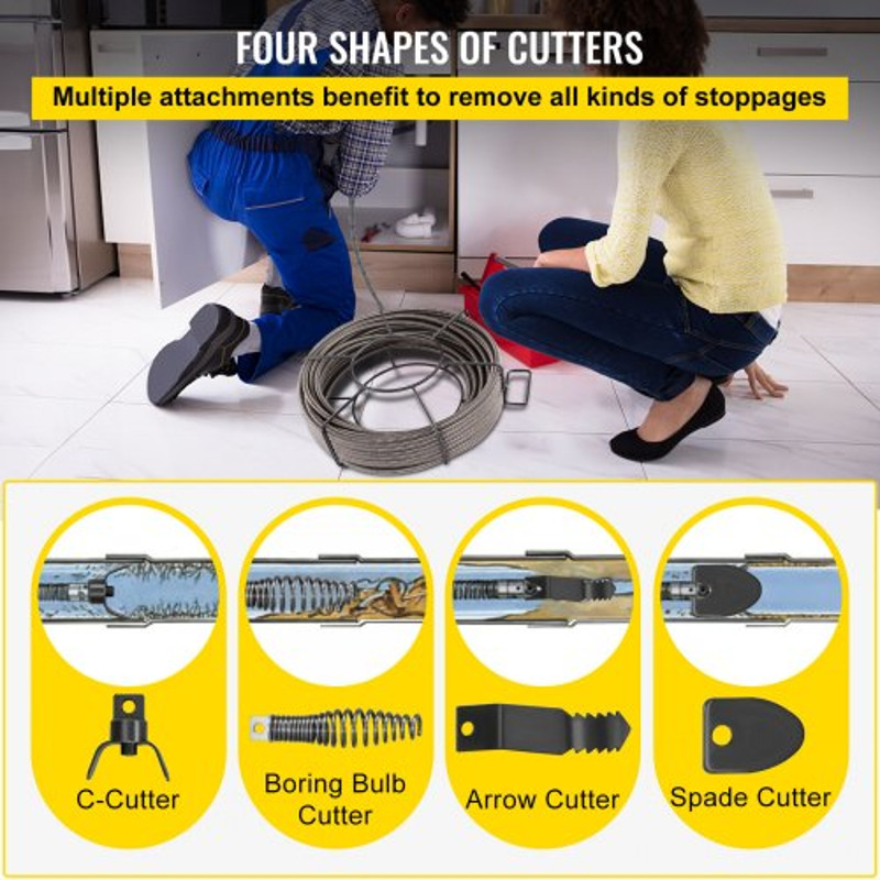 75ft X 38 Auger Snake Pipe Cleaner RustProof Sewer Drain Cable With 4 Cutters For Clog Removal 5