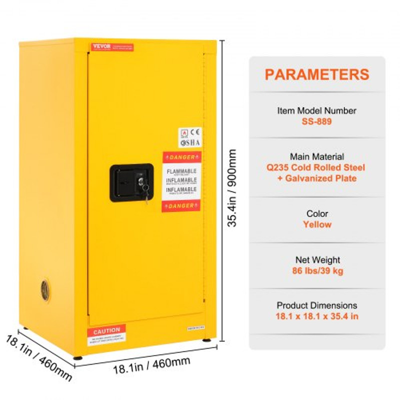 Adjustable Shelf Flammable Storage Cabinet, Galvanized Steel Safety Cabinet for Flammable Liquids, Commercial & Home Use