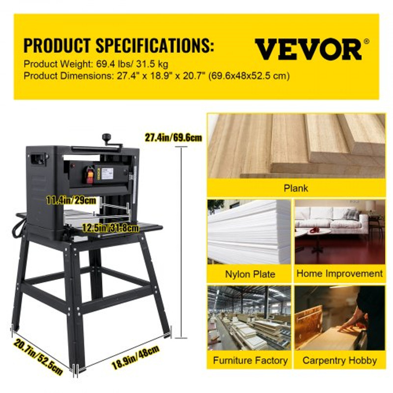 Thickness Planer, Foldable Benchtop Wood Planer with Stand, Dust Exhaust Interface, Double Cutter, High Feed Rate