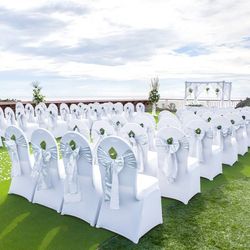 universal stretch spandex folding chair covers, 100-pack washable arched front slipcovers for weddings, banquets