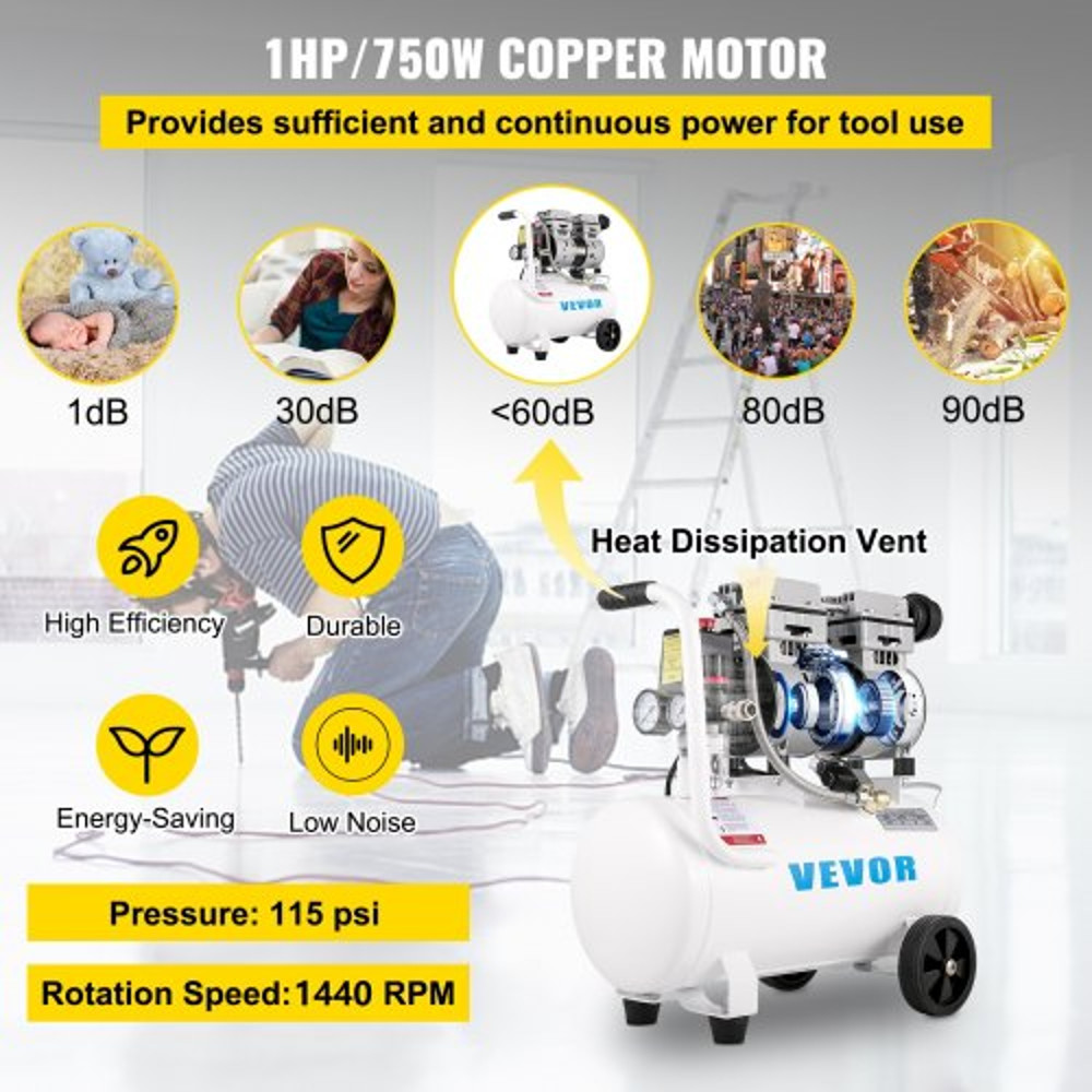 UltraQuiet OilFree Air Compressor 750W 66 Gallon Steel Tank Pancake Compressor 115 PSI For Tire Inf 3