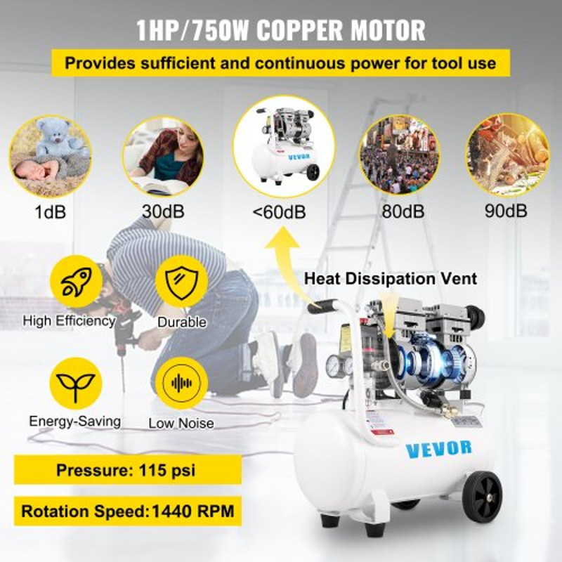 UltraQuiet OilFree Air Compressor 750W 66 Gallon Steel Tank Pancake Compressor 115 PSI For Tire Inf 3