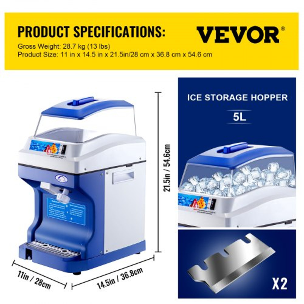 Commercial Ice Shaver Crusher LBS Hopper, Tabletop Electric Snow Cone Maker, 320 RPM for Parties, Events & Snack Bars