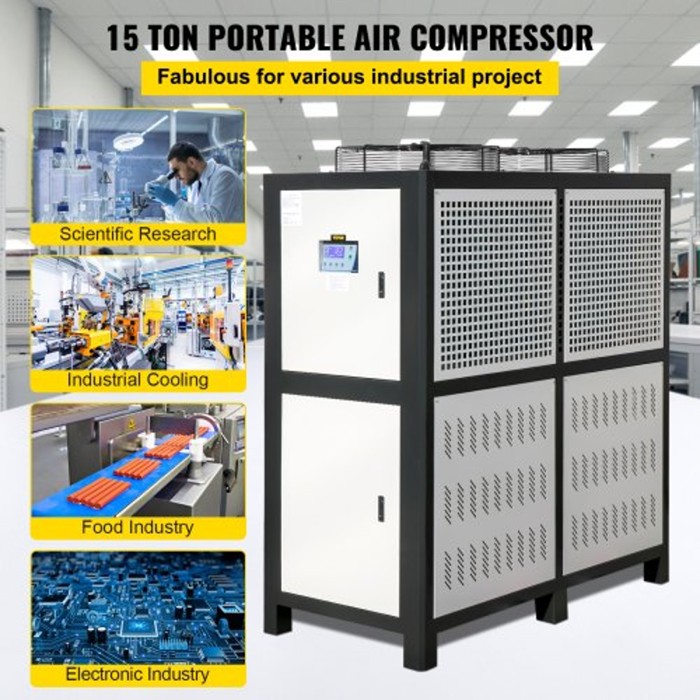 Air-Cooled Water Chiller w/ Micro-Computer Control, Industrial Capacity 15HP Chiller Machine w/ Finned Condenser