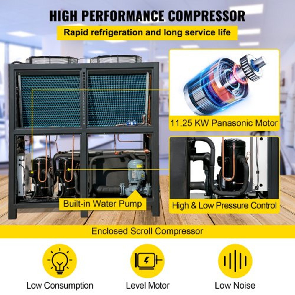 Air-Cooled Water Chiller w/ Micro-Computer Control, Industrial Capacity 15HP Chiller Machine w/ Finned Condenser
