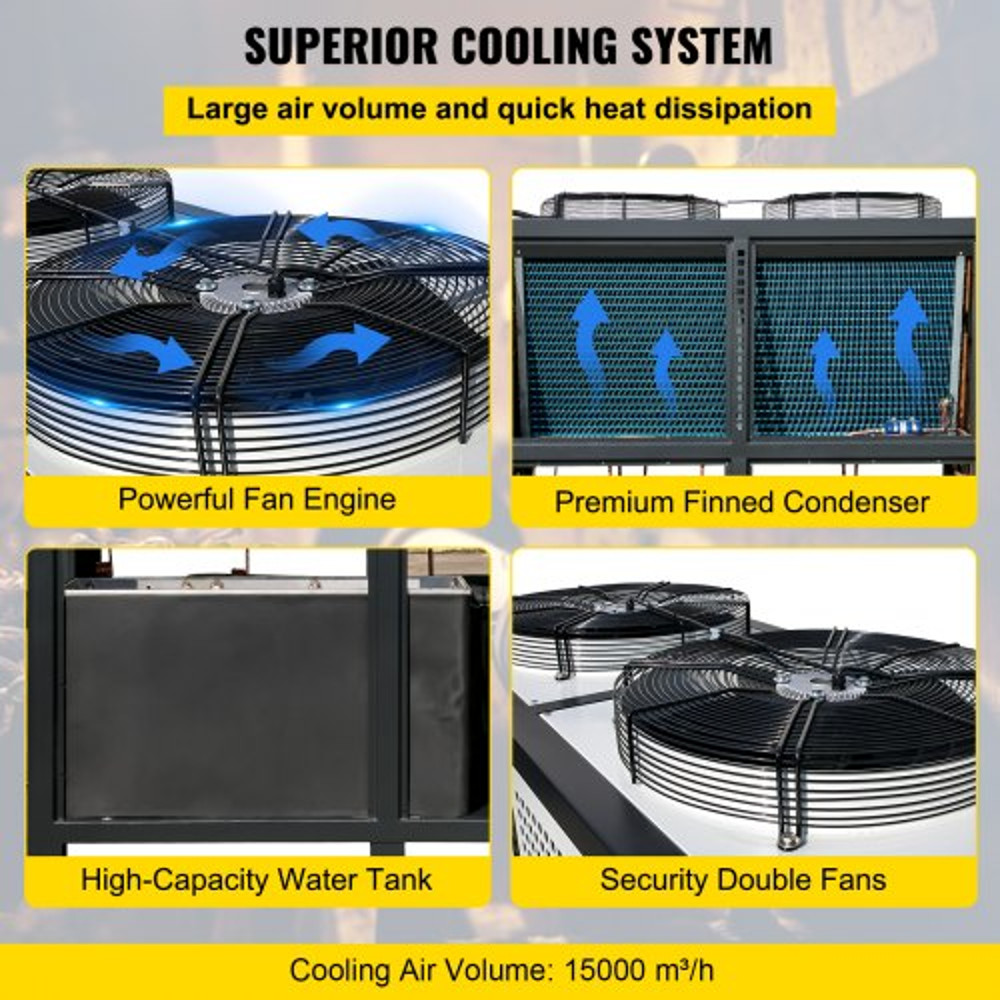 Air-Cooled Water Chiller w/ Micro-Computer Control, Industrial Capacity 15HP Chiller Machine w/ Finned Condenser