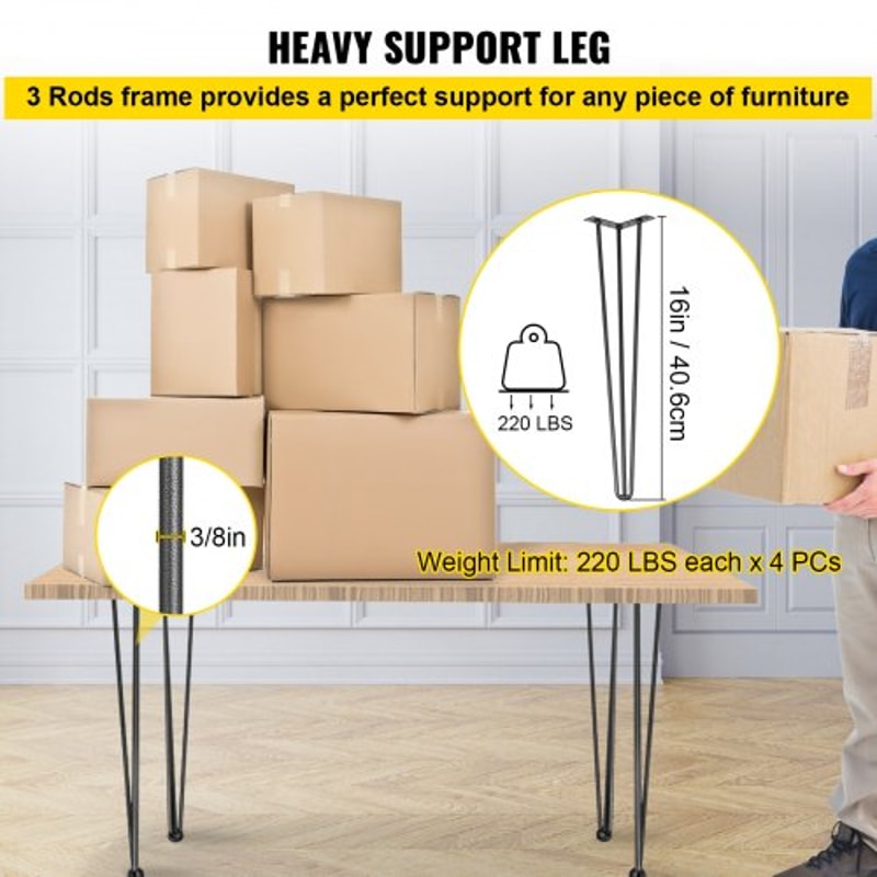 Hairpin Table Legs Black Set, Heavy Duty Rod Carbon Steel Desk Legs with 880lbs Load Capacity for DIY Bench