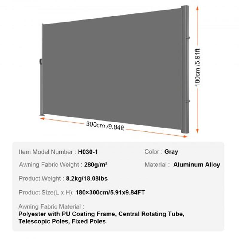 Retractable Side Awning Full Aluminum RustProof Outdoor Privacy Screen Patio Sun Shade WindResista 7