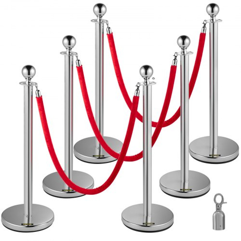 6 PCS Silver Stanchions Posts Stainless Steel Queue Post With Red Velvet Rope 38In Indoor Outdoor 1
