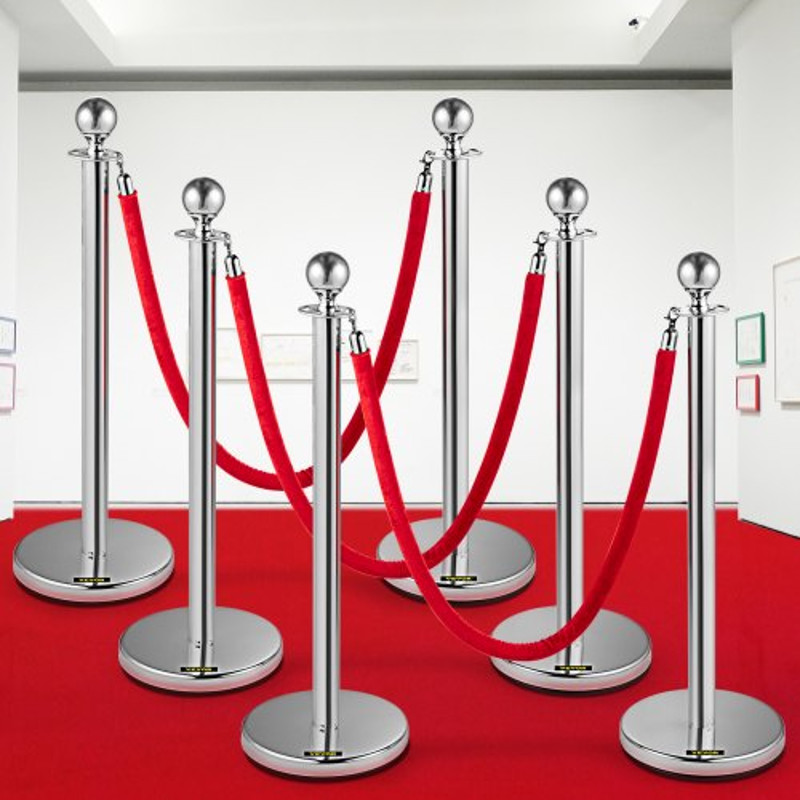 6 PCS Silver Stanchions Posts Stainless Steel Queue Post With Red Velvet Rope 38In Indoor Outdoor 0