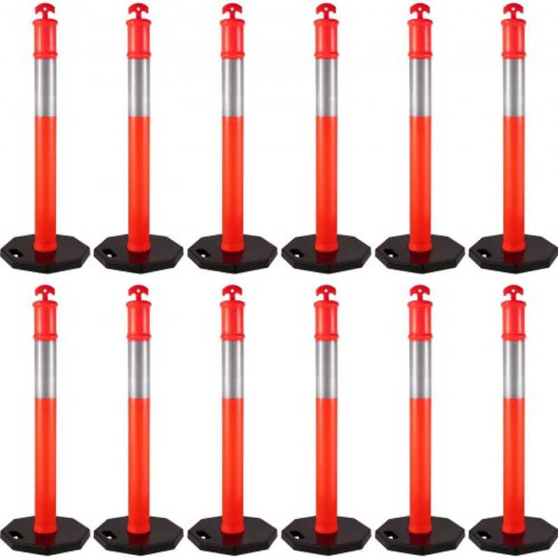 12-Pack Traffic Delineator Posts 44 Inch Height, Channelizer Cones Post Kit with 10-Inch Reflective Band