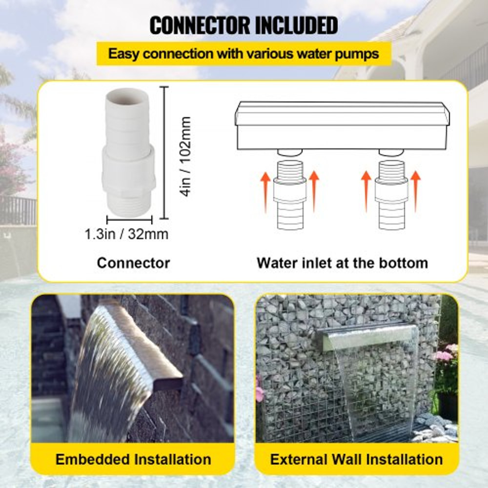 Stainless Steel Pool Waterfall Spillway, Rectangular Outdoor Fountain with Pipe Connector for Garden, Patio, Pond