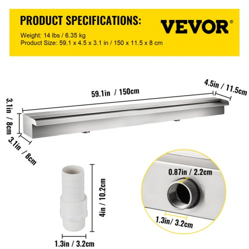 Stainless Steel Pool Waterfall Spillway, Rectangular Outdoor Fountain with Pipe Connector for Garden, Patio, Pond