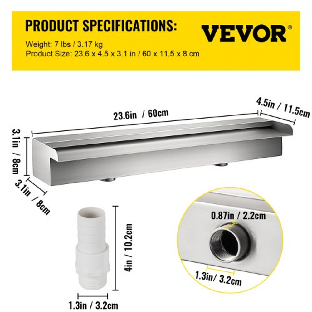 Pool Fountain Stainless Steel Pool Waterfall, Rectangular Garden Outdoor Waterfall Spillway with Pipe Connector