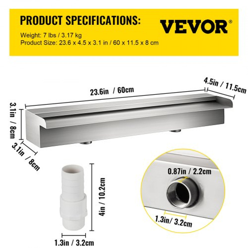 Pool Fountain Stainless Steel Pool Waterfall, Rectangular Garden Outdoor Waterfall Spillway with Pipe Connector