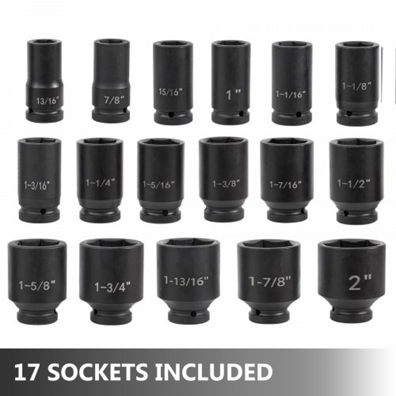 Impact Socket Set Drive, Deep Impact Standard SAE Socket Assortment with Extensions, Sliding T-Bar & Ratchet Handle