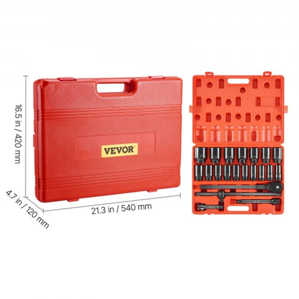 Impact Socket Set Drive, Deep Impact Standard SAE Socket Assortment with Extensions, Sliding T-Bar & Ratchet Handle