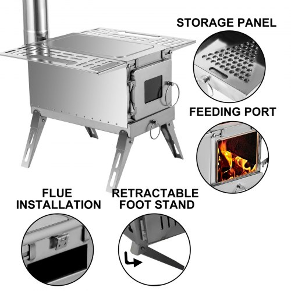 304 Stainless Steel Tent Wood Stove, 90.6-Inch Portable Camping Stove with Foldable Chimney for Heating, Cooking