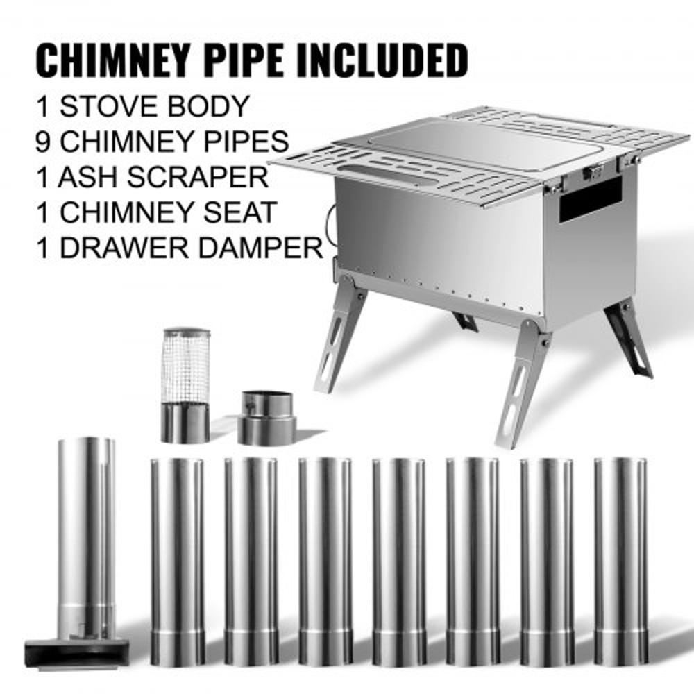 304 Stainless Steel Tent Wood Stove, 90.6-Inch Portable Camping Stove with Foldable Chimney for Heating, Cooking