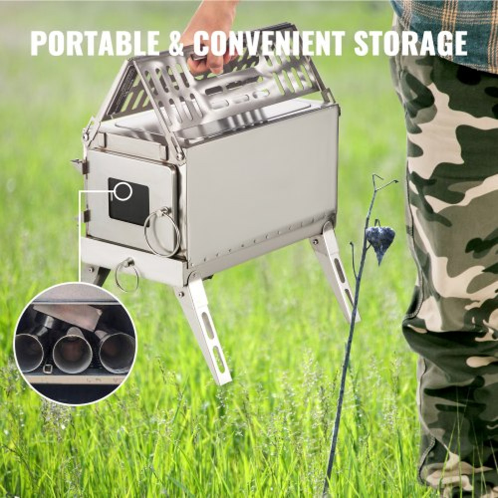 304 Stainless Steel Tent Wood Stove, 90.6-Inch Portable Camping Stove with Foldable Chimney for Heating, Cooking