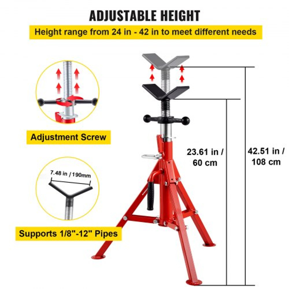 Adjustable V Head Pipe Jack Stand, Heavy Duty High lb Pipe Stand, Folding Carbon Steel Portable Tripod Design