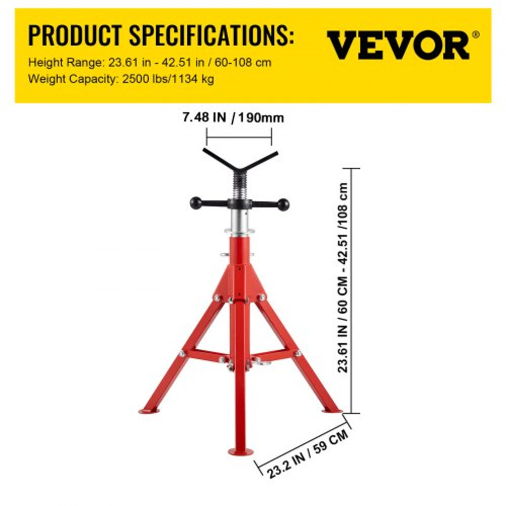 Adjustable V Head Pipe Jack Stand, Heavy Duty High lb Pipe Stand, Folding Carbon Steel Portable Tripod Design