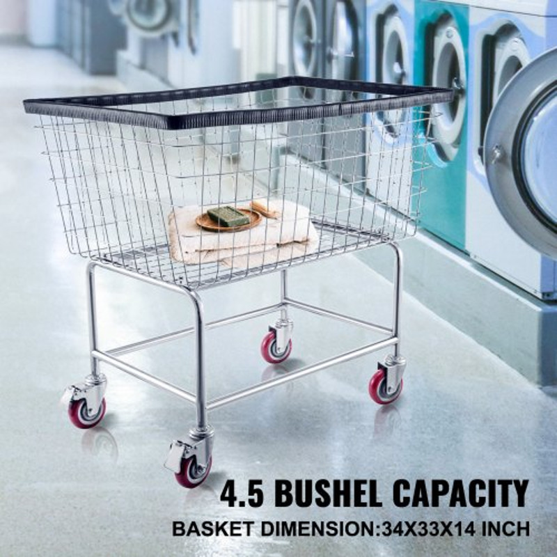Wire Laundry Basket Cart with Wheels, 4.5 Bushel Capacity, 35"x15.7"x22" Steel Frame, Durable Chrome Finish