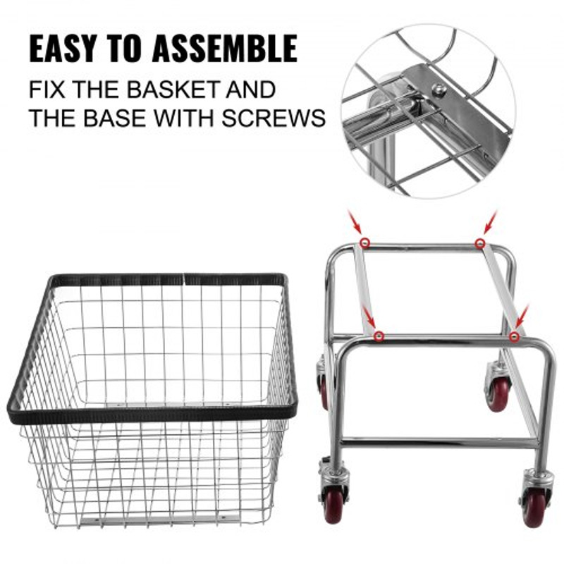 Wire Laundry Basket Cart with Wheels, 4.5 Bushel Capacity, 35"x15.7"x22" Steel Frame, Durable Chrome Finish