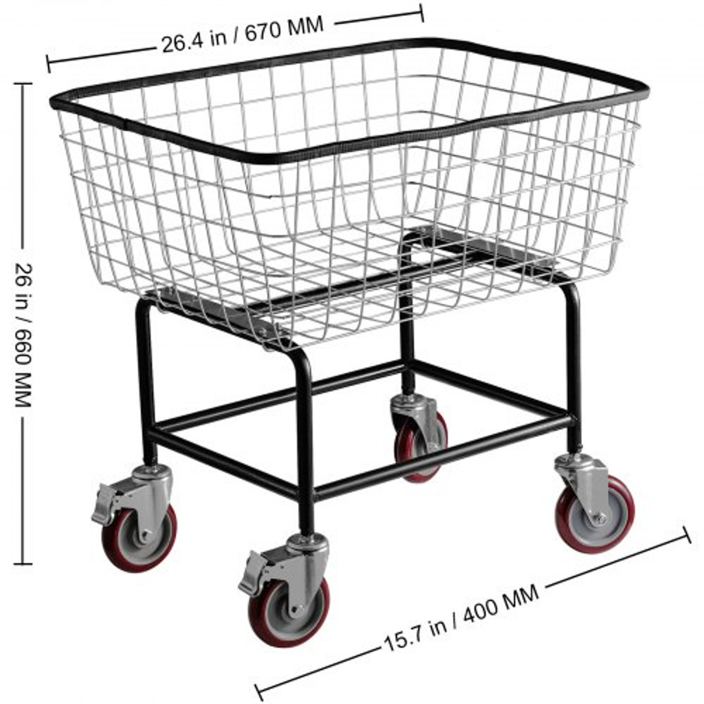 Wire Laundry Basket Cart with Wheels, 4.5 Bushel Capacity, 35"x15.7"x22" Steel Frame, Durable Chrome Finish